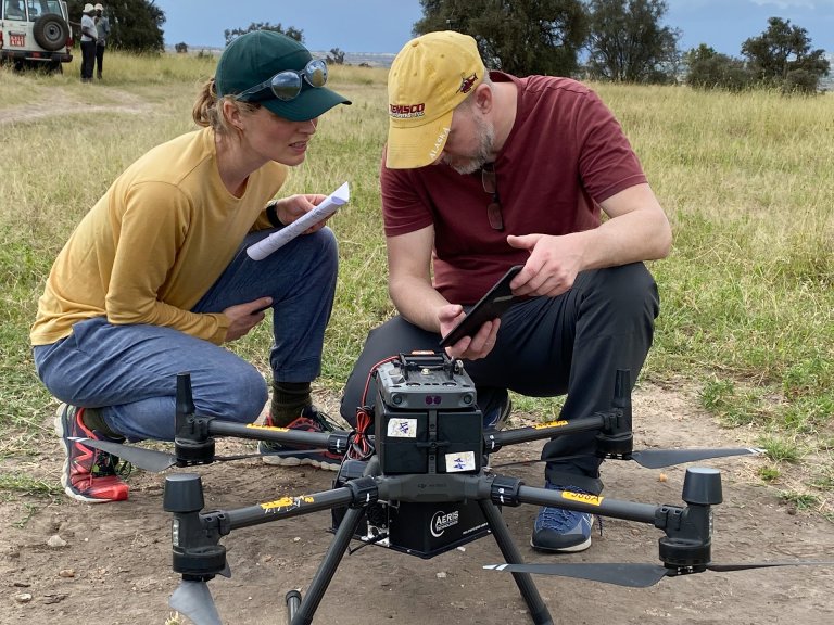 Alouette van Hove, PhD student at University of Oslo, Norway, visited ILRIs Kapiti Research station in Kenya in February 2024, together with John Hulth, head engineer at the department of geosciences. The researchers measured emissions from herds of ruminants (camels, goats, cows and sheep that digest plant-based food in a specialized stomach, resulting in methane production as a by-product). Photo: Vibeke Lind/NIBIO