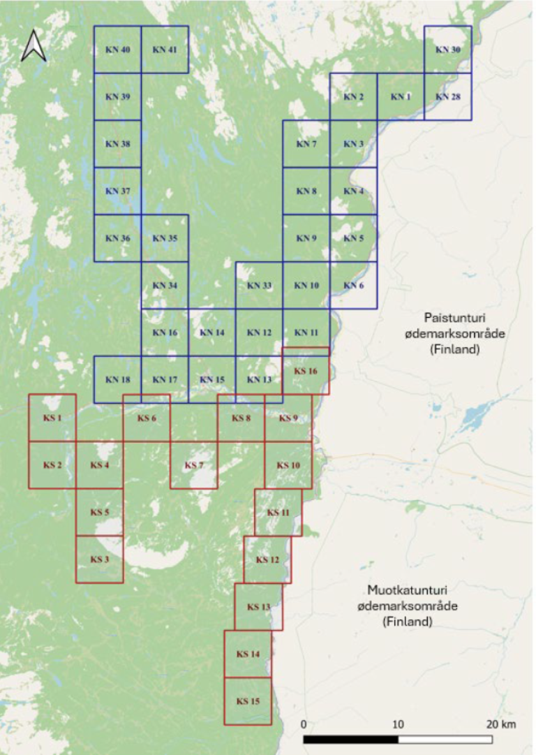 Kartutsnitt som viser plasseringen av hårfelleprosjektene i Karasjok sør (røde ruter) og Karasjok nord (blå ruter) i Karasjok kommune (Finnmark fylke) i 2025.