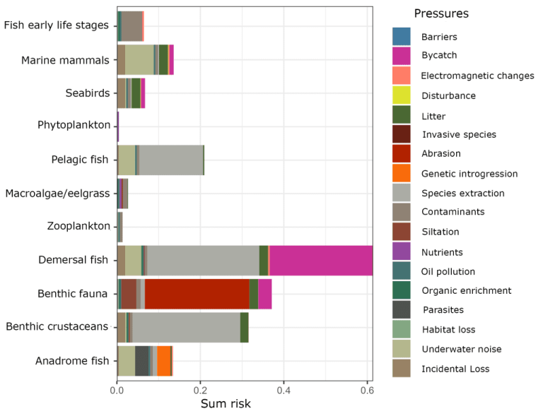 Cumulative impact risk per marine ecosystem component posed by different pressures from food producing systems. Colour coding explained to the right. Early life-stages of fish = eggs and larvae. Image: Johanna Myrseth Aarflot / Institute of Marine Research
