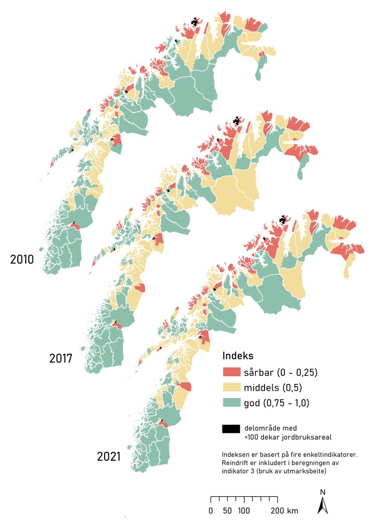 Dette kartet viser at det har vore ei auke i talet på sårbare områder for jordbruksarel i drift, særleg i Aust-Finnmark og langs kysten av Nord-Troms. Kilde: NIBIO
