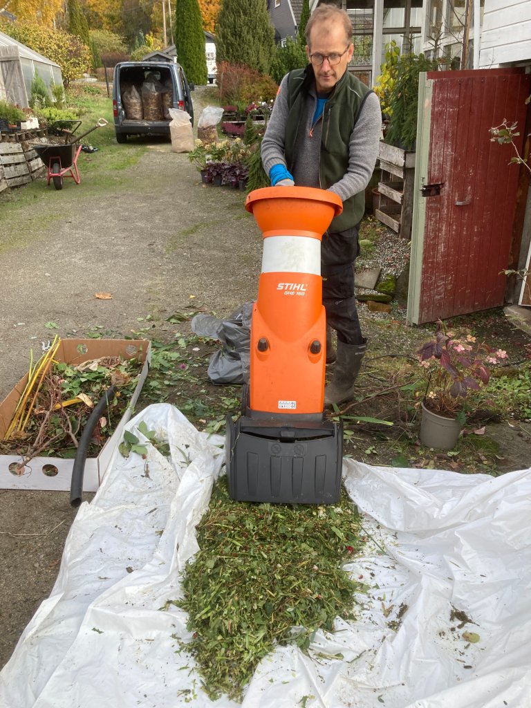 Axel Wiig hakker opp planteavfallet sitt til mindre biter, en av flere måter å optimalisere komposteringsprosessen på. Foto: Trine Eggen