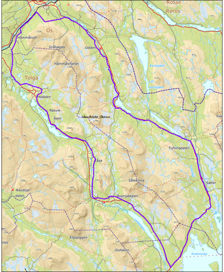 Området Håmmålsfjellet-Sålekinna i Tolga og Os kommuner. Kartverket.