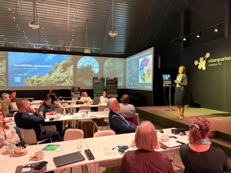Kristine Nore fra OMTRE ledet SirkTRE som CircWOOD inngikk i. Her holder hun innlegg på CircWOODs sluttseminar 11. juni i Ås. Foto: Kathrine Torday Gulden