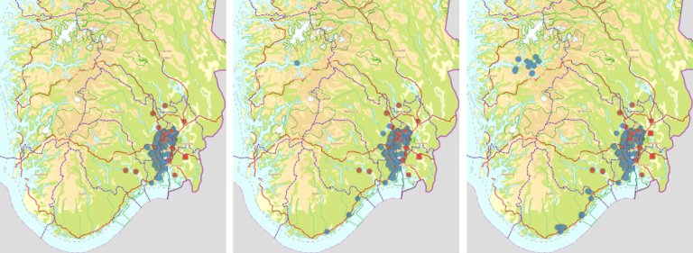 Venstre: utbredelse av almesyke 1963-2019. Midten: Spredning 2020-2023. Høyre: Spredning 2024.