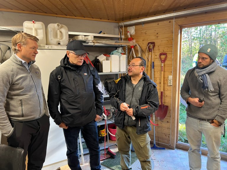 NIBIO-forsker Jian Liu (andre til høyre) sammen med europeiske prosjektkolleger på JOVAs overvåkingsstasjon ved Mørdrebekken. Foto: Kathrine Torday Gulden