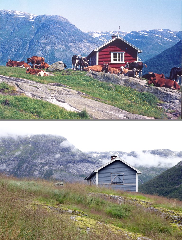 Seterstølene på Vestlandet samlar ofte fleire gardsbruk der kvart bruk har berre eit hus, selet. Nokon har også fjøs og løe. Der det var grasvoll, kunne denne vere gjerdt inn med teigar for kvart bruk. I Luster var det vanleg å flytte mellom vårstøl og sommarstøl (fjellstøl) og sidan tilbake til vårstølen igjen. Nokon bruk hadde to vårstøler. Fåbergstølen var fjellstøl for sju bruk. I 1971 hadde alle brukarane sel, to hadde også fjøs. Fem av bruka dreiv setring, og melking både av ku og geit føregjekk utandørs for hand. Stølingen tok slutt i 1985. Foto: Arthur Sand i 1972 og Oskar Puschmann i 2022. Jostedalen i Luster.