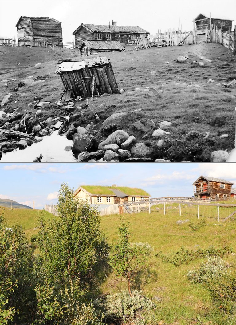 1970 - 2020. Hus utan bruksfunksjon forsvinn frå setrane. På Fuglseter var kjølehuset i fullt forfall i 1970. Det same var stallen med høgtrev til venstre for stova. Foto Arthur Sand, UiO og Oskar Puschmann, NIBIO.