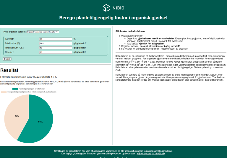 Skjermdump av kalkulatoren med eksempeltall.