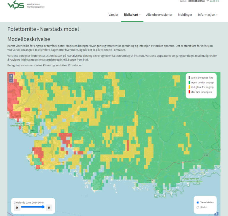 Risikokart med varsler for potettørråte etter Nærstads modell i VIPS, https://www.vips-landbruk.no/spatial/gridmap/NAERSTADMO/