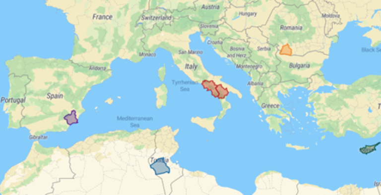 TERRASAFE skal etablere pilotstudier i Italia, Kypros, Spania, Romania og Tunisia, der fraflytting, jorderosjon, nedgang i vegetasjon og/eller vannmangel skaper store problemer for menneskene som lever der. Kartillustrasjon: TERRASAFE