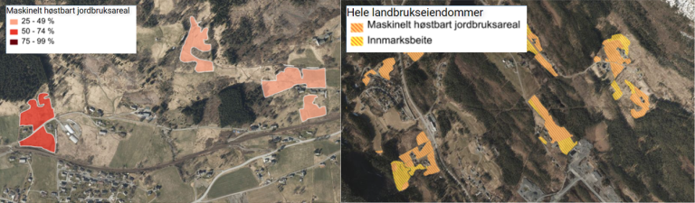 På bildet til venstre er bare deler av jordbruksarealet ute av drift og vi vet ikke nøyaktig hvilke. På bildet til høyre er alt jordbruksareal på eiendommene ute av drift, og vi vet derfor nøyaktig hvor disse arealene er. Kilden.nibio.no, © Geovekst