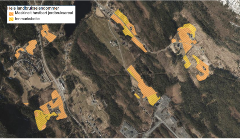 På disse eiendommene er bare deler av jordbruksarealet ute av drift. Vi vet ikke nøyaktig hvilke arealer på eiendommen det gjelder. Kilden.nibio.no, © Geovekst
