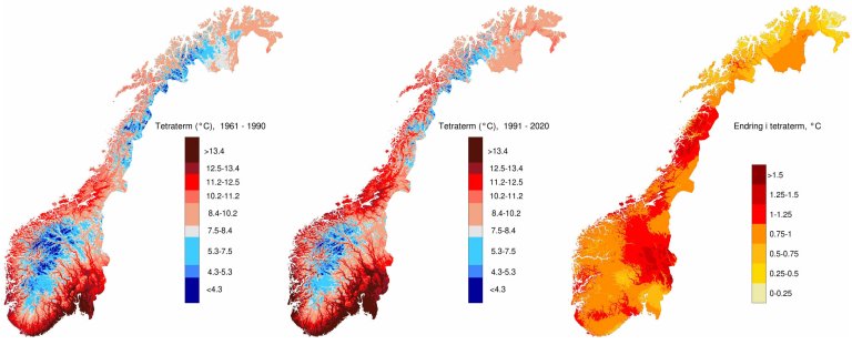 Endring i tetraterm fra perioden 1961-1990 til perioden 1991-2020.