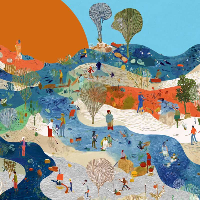 Living lab illustration. Nature and society working together with rivers, fishermen, agriculture, farmers, trees and a big orange sun.