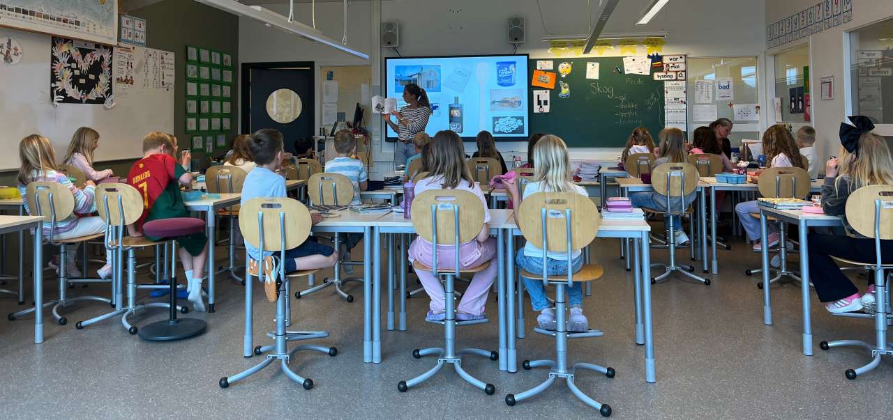 Skoleklasse - elever ved pult.