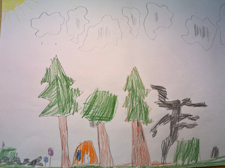 barnetegning av skog og telt