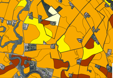 Kartet Jordressurser for et utsnitt av Indre Fosen kommune. Kartet er laget for bruk i arealplanlegging (skjermbilde fra https://kilden.nibio.no)