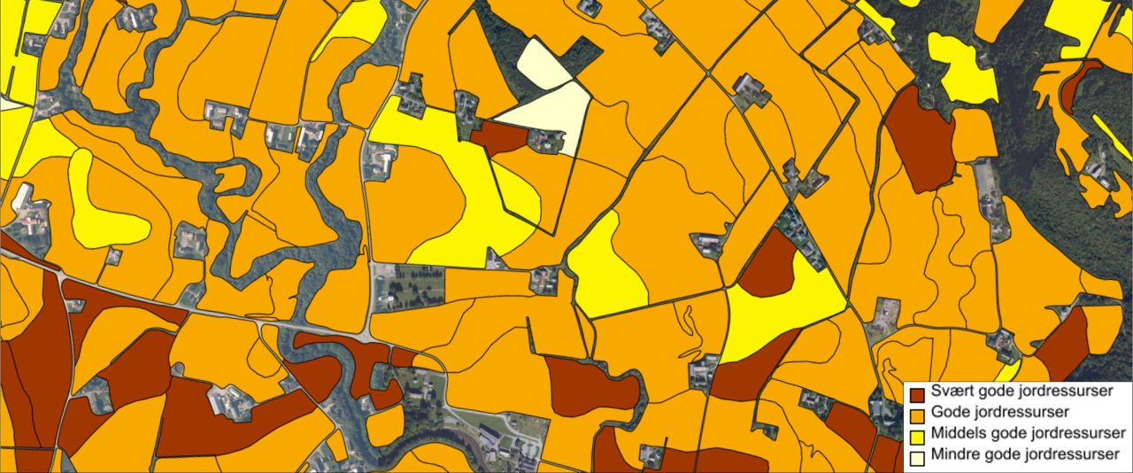 Kartet Jordressurser for et utsnitt av Indre Fosen kommune. Kartet er laget for bruk i arealplanlegging (skjermbilde fra https://kilden.nibio.no)