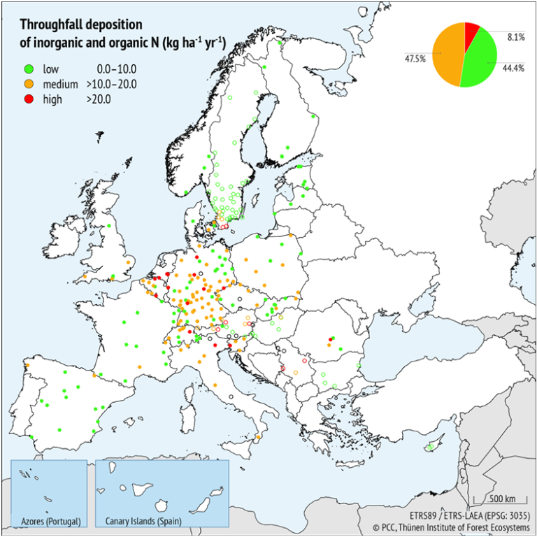 ICP Forests Level II nettverk: Figuren viser intensive skogovervåkingsflater der innhold av inorganisk nitrogen (NO3-N + NH4-N, kg N/ha/år) i kronedrypp ble målt i 2023.